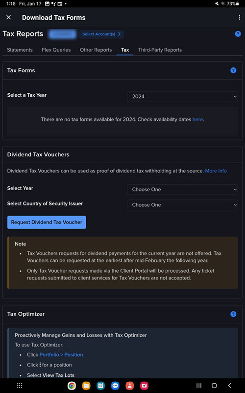 The download tax forms page on the Android Tablet